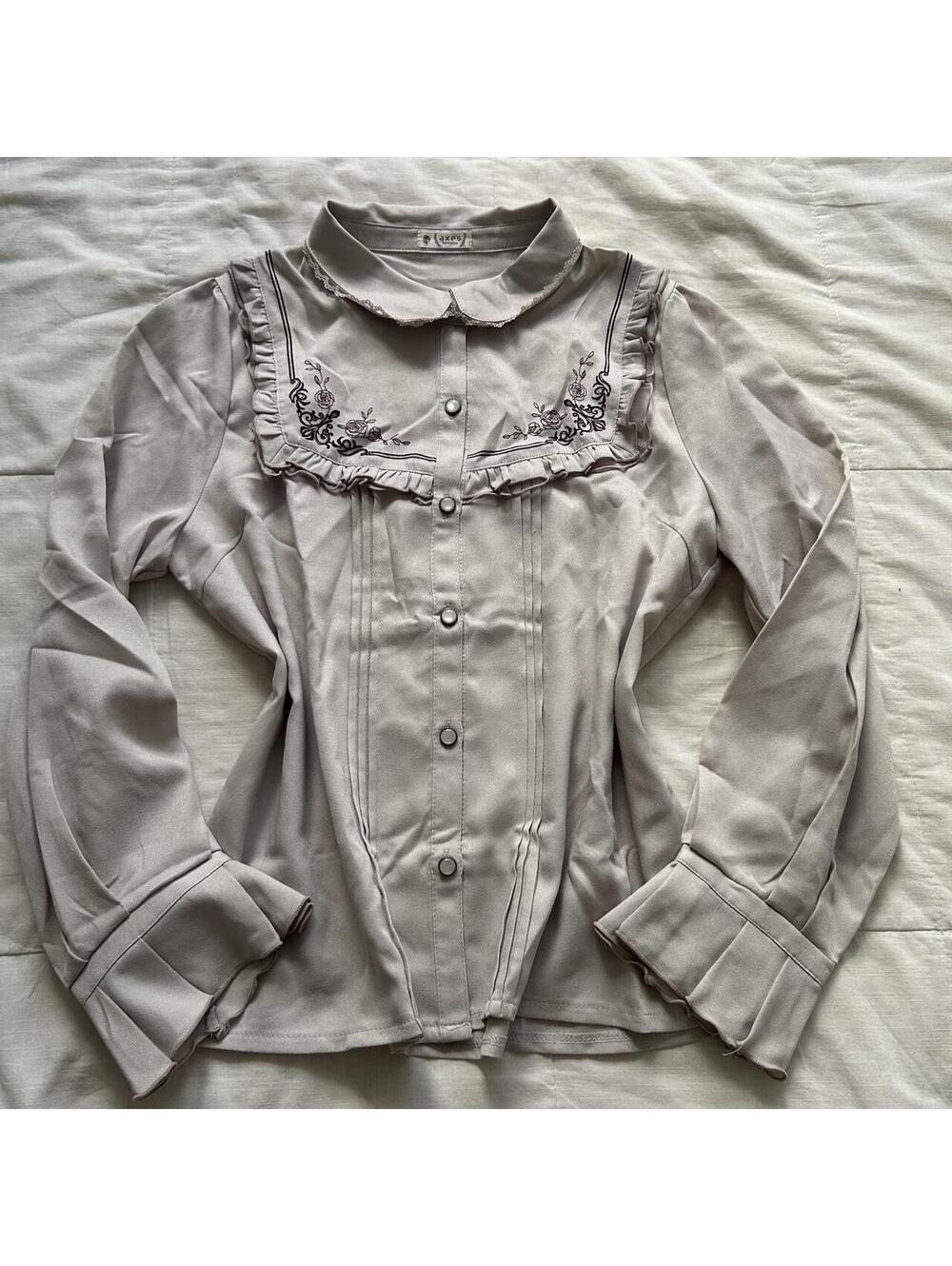 Axes Femme Floral Embroidered Ruffle Pintuck Blouse Taupe Brown Large Japan